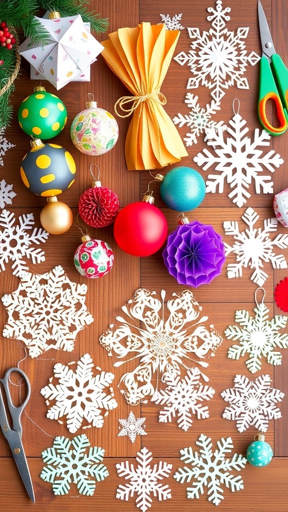 A collection of handmade paper Christmas decorations including snowflakes, ornaments, and garlands on a crafting table.